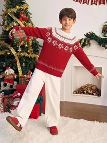 SHEIN 兒童青少年男孩休閒學院風圓領長袖紅色聖誕毛衣，適合通勤、上學、日常休閒外出、運動，秋冬季節，聖誕節，親子穿搭 - 紅色 - 查看 4