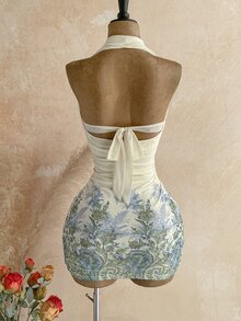 Soleia 女款花卉印花垂領鏤空性感掛脖迷你洋裝 - 彩色 - 查看 2