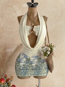 Soleia 女款花卉印花垂領鏤空性感掛脖迷你洋裝 - 彩色 - 查看 4