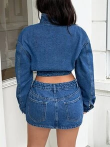 Rivivi Women's Fashion Funnel Neck Zipper Jacket & Skirt Washed Denim Set - Medium Wash - View 2