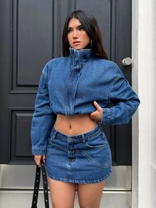 Rivivi Women's Fashion Funnel Neck Zipper Jacket & Skirt Washed Denim Set - Medium Wash - View 4