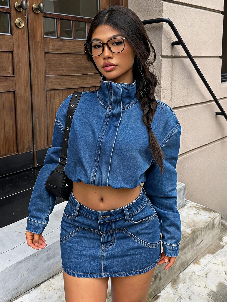 Rivivi Women's Fashion Funnel Neck Zipper Jacket & Skirt Washed Denim Set - Medium Wash - View 1