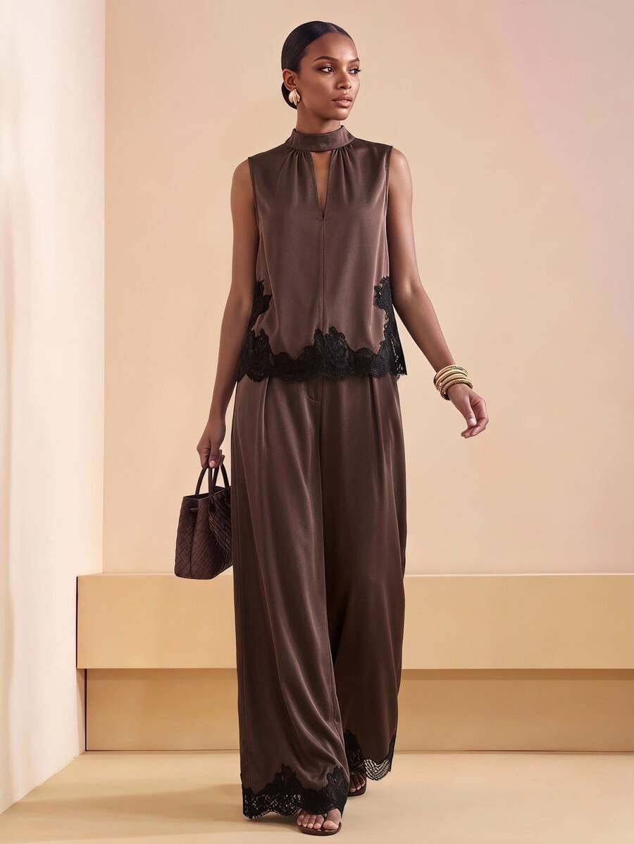 Zivah Summer Elegant Dark Brown Lace Satin Acetate Faux Linen Stand Collar Sweetheart Neckline Ruched Sleeveless Top Suit Pants 2 Pieces Set Dinner Party