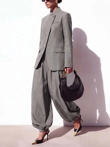 Zivah New Women's Elegant Chinese Style Long Sleeve Split Jacket + Lantern Pants 2 Pieces Set, Chinese Stand Collar + Placket Design, Loose Commuter Outfit - Brown - View 6