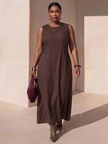 Zivah New Summer/Fall Plus Size Women's Brown Relaxed Fit Sleeveless MaxiDress Vacation Elegant Holiday Party Brunch Formal Festival Boho Concert Office - Brown - View 2