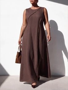 Zivah New Summer/Fall Plus Size Women's Brown Relaxed Fit Sleeveless MaxiDress Vacation Elegant Holiday Party Brunch Formal Festival Boho Concert Office - Brown - View 5