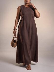Zivah New Summer/Fall Plus Size Women's Brown Relaxed Fit Sleeveless MaxiDress Vacation Elegant Holiday Party Brunch Formal Festival Boho Concert Office - Brown - View 4