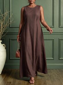 Zivah New Summer/Fall Plus Size Women's Brown Relaxed Fit Sleeveless MaxiDress Vacation Elegant Holiday Party Brunch Formal Festival Boho Concert Office - Brown - View 8