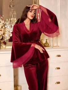 Rafferiza 2 件套女士优雅网眼拼布喇叭袖天鹅绒长袖上衣和裤子睡衣套装，秋冬，秋季服装 - 酒紅色 - 查看 5