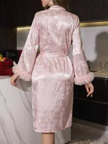 Rafferiza Women's Elegant Luxury Faux Silk Floral Lace Trim Tie Robe Luxe Loungewear, Fall, Winter - Pink - View 2