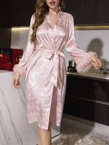 Rafferiza Women's Elegant Luxury Faux Silk Floral Lace Trim Tie Robe Luxe Loungewear, Fall, Winter - Pink - View 6