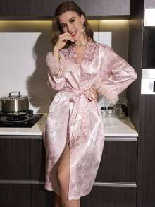 Rafferiza Women's Elegant Luxury Faux Silk Floral Lace Trim Tie Robe Luxe Loungewear, Fall, Winter - Pink - View 5