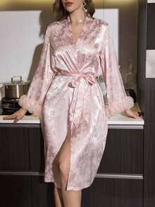 Rafferiza Women's Elegant Luxury Faux Silk Floral Lace Trim Tie Robe Luxe Loungewear, Fall, Winter - Pink - View 3