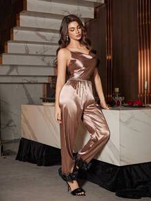 Rafferiza Faux Silk Knotted Camisole & Colorblock 3D Floral Print Pants Pajama Set Bow Detail Top Satin Pajamas Two Piece Set Satin Lingerie Set - Brown - View 5