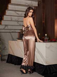 Rafferiza Faux Silk Knotted Camisole & Colorblock 3D Floral Print Pants Pajama Set Bow Detail Top Satin Pajamas Two Piece Set Satin Lingerie Set - Brown - View 7