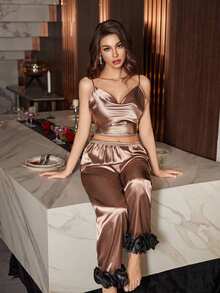 Rafferiza Faux Silk Knotted Camisole & Colorblock 3D Floral Print Pants Pajama Set Bow Detail Top Satin Pajamas Two Piece Set Satin Lingerie Set - Brown - View 9
