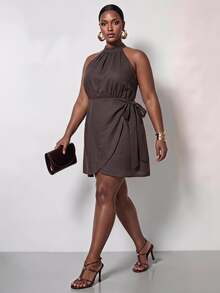Zivah Plus Size Women's Solid Color Halter Neck Pleated Casual Elegant Everyday Dress Date Night Chocolate Brown Summer - Brown - View 1