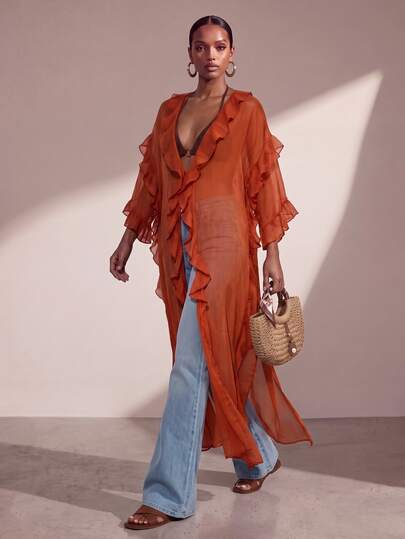 SHEIN x Rafa Kalimann Zivah Women Rust Orange Summer Boho Beach Holiday Holiday Loose Chiffon Sheer Ruffled Long Top,Casual Vacation Music Festival Travel Party Brunch Outfits
