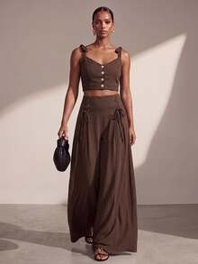 Zivah Women's Solid Color Single-Breasted Camisole Top And Wide-Leg Pants Casual Boho Daily 2 Pieces Set Beach Vacation Chocolate Brown Summer - Brown - View 1
