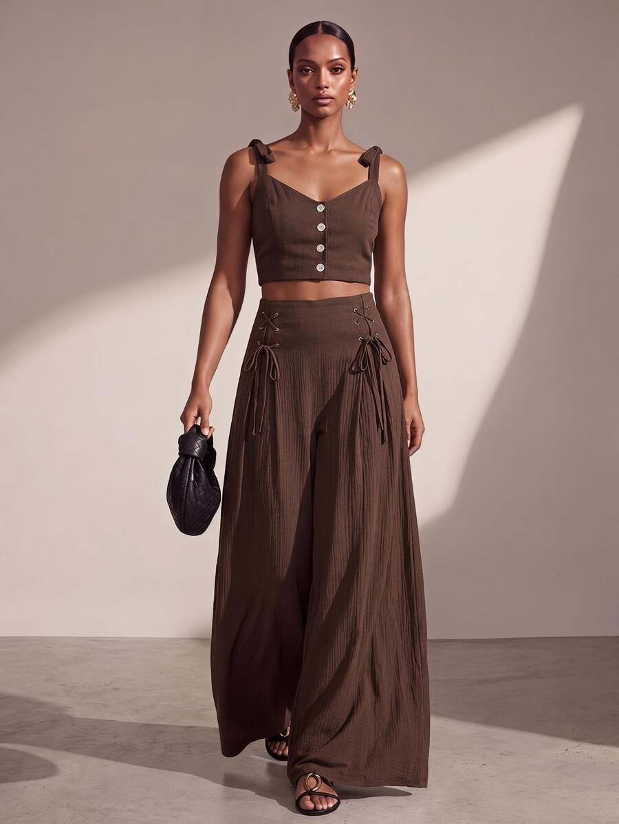 Zivah Women's Solid Color Single-Breasted Camisole Top And Wide-Leg Pants Casual Boho Daily 2 Pieces Set Beach Vacation Chocolate Brown Summer - Brown - View 1