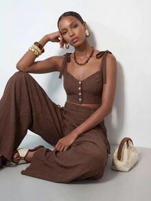 Zivah Women's Solid Color Single-Breasted Camisole Top And Wide-Leg Pants Casual Boho Daily 2 Pieces Set Beach Vacation Chocolate Brown Summer - Brown - View 3