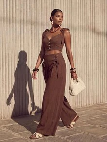 Zivah Women's Solid Color Single-Breasted Camisole Top And Wide-Leg Pants Casual Boho Daily 2 Pieces Set Beach Vacation Chocolate Brown Summer - Brown - View 9