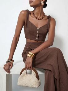Zivah Women's Solid Color Single-Breasted Camisole Top And Wide-Leg Pants Casual Boho Daily 2 Pieces Set Beach Vacation Chocolate Brown Summer - Brown - View 4