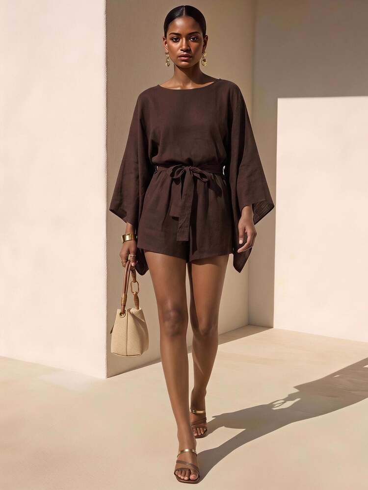 Zivah Dark Brown,Summer,Effortless Chic,Holiday,Vacation,Holiday Linen Romper,Round Neck Batwing 3/4 Sleeve Waist Tie A-Line Boho Casual Streetwear - Brown - View 1