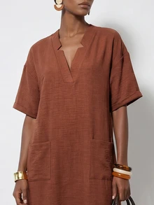 Zivah Summer Casual Vacation Commuting Loose-Fitting Rust Brown V-Neck Large Pockets Mid-Sleeve A-Line Women Long Dress Vacation - Rust Brown - View 9