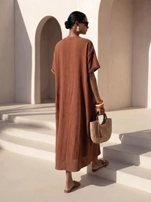 Zivah Summer Casual Vacation Commuting Loose-Fitting Rust Brown V-Neck Large Pockets Mid-Sleeve A-Line Women Long Dress Vacation - Rust Brown - View 3