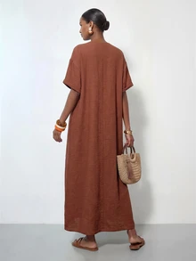 Zivah Summer Casual Vacation Commuting Loose-Fitting Rust Brown V-Neck Large Pockets Mid-Sleeve A-Line Women Long Dress Vacation - Rust Brown - View 8