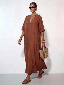 Zivah Summer Casual Vacation Commuting Loose-Fitting Rust Brown V-Neck Large Pockets Mid-Sleeve A-Line Women Long Dress Vacation - Rust Brown - View 4