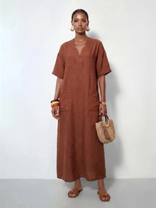 Zivah Summer Casual Vacation Commuting Loose-Fitting Rust Brown V-Neck Large Pockets Mid-Sleeve A-Line Women Long Dress Vacation - Rust Brown - View 7