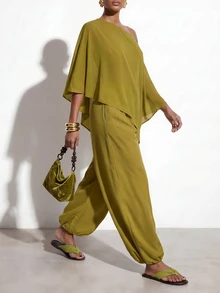 Zivah Summer Casual Holiday Vacation Olive Green Chiffon Two Pieces Set,One-Shoulder Asymmetrical Shawl Top & Wide-Leg Lantern Jogger Pants,Boho Holiday - Olive Green - View 6