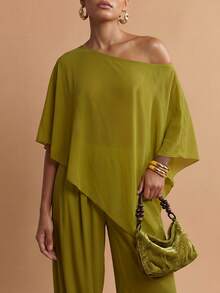 Zivah Summer Casual Holiday Vacation Olive Green Chiffon Two Pieces Set,One-Shoulder Asymmetrical Shawl Top & Wide-Leg Lantern Jogger Pants,Boho Holiday - Olive Green - View 10