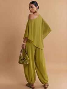Zivah Summer Casual Holiday Vacation Olive Green Chiffon Two Pieces Set,One-Shoulder Asymmetrical Shawl Top & Wide-Leg Lantern Jogger Pants,Boho Holiday - Olive Green - View 3