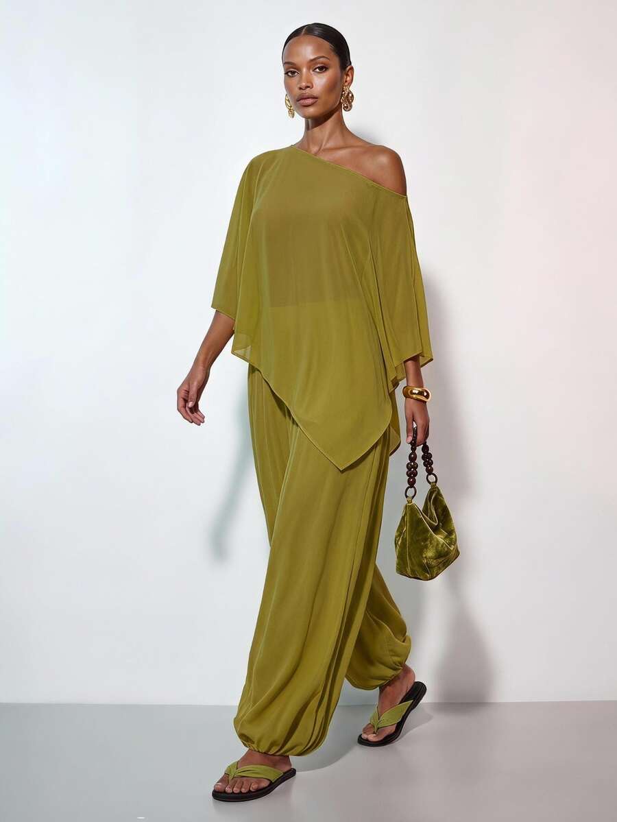 Zivah Summer Casual Holiday Vacation Olive Green Chiffon Two Pieces Set,One-Shoulder Asymmetrical Shawl Top & Wide-Leg Lantern Jogger Pants,Boho Holiday