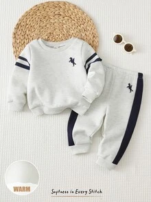Cozy Pixies 2pcs Kids Baby Boy Casual College Horse Logo Comfortable Printed Pattern Pullover Long Sleeve Top & Pants Outfit Set - Grey - View 7