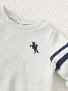 Cozy Pixies 2pcs Kids Baby Boy Casual College Horse Logo Comfortable Printed Pattern Pullover Long Sleeve Top & Pants Outfit Set - Grey - View 8