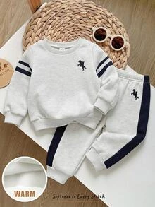 Cozy Pixies 2pcs Kids Baby Boy Casual College Horse Logo Comfortable Printed Pattern Pullover Long Sleeve Top & Pants Outfit Set - Grey - View 1