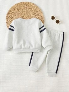Cozy Pixies 2pcs Kids Baby Boy Casual College Horse Logo Comfortable Printed Pattern Pullover Long Sleeve Top & Pants Outfit Set - Grey - View 2