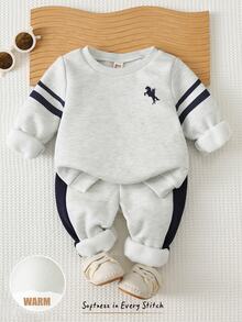 Cozy Pixies 2pcs Kids Baby Boy Casual College Horse Logo Comfortable Printed Pattern Pullover Long Sleeve Top & Pants Outfit Set - Grey - View 9