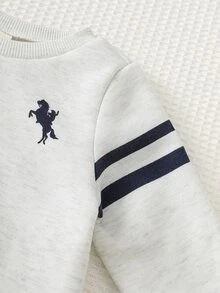 Cozy Pixies 2pcs Kids Baby Boy Casual College Horse Logo Comfortable Printed Pattern Pullover Long Sleeve Top & Pants Outfit Set - Grey - View 3