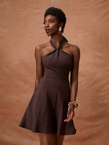 Zivah Elegant Dark Brown Linen Halter Neck Mini Dress For Women,Summer Ruffle Hem A-Line Wrap Dress,Perfect For Brunch,Vacation,Beach,Party & Wedding Guest - Brown - View 5