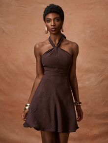 Zivah Elegant Dark Brown Linen Halter Neck Mini Dress For Women,Summer Ruffle Hem A-Line Wrap Dress,Perfect For Brunch,Vacation,Beach,Party & Wedding Guest - Brown - View 6