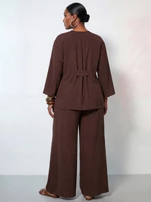 Zivah New Autumn And Winter Plus Size Women Solid Color Wrap Tie Long Sleeve Top And Pants Loose Casual Suit Women Pant Suit Set Women Suit Set Brown Suit Wide Leg Pants Set Pants Suits For Women - Coffee Brown - View 2