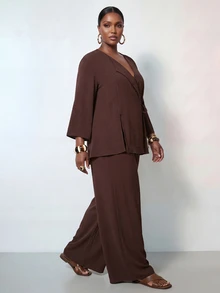 Zivah New Autumn And Winter Plus Size Women Solid Color Wrap Tie Long Sleeve Top And Pants Loose Casual Suit Women Pant Suit Set Women Suit Set Brown Suit Wide Leg Pants Set Pants Suits For Women - Coffee Brown - View 3