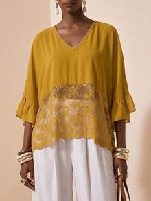 Zivah Women's V-Neck Ruffle Sleeve Loose Contrast Lace Blouse,Autumn Top Vacation Mustard Yellow Boho - Mustard Yellow - View 10