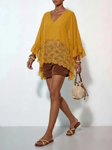 Zivah Women's V-Neck Ruffle Sleeve Loose Contrast Lace Blouse,Autumn Top Vacation Mustard Yellow Boho - Mustard Yellow - View 11