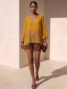 Zivah Women's V-Neck Ruffle Sleeve Loose Contrast Lace Blouse,Autumn Top Vacation Mustard Yellow Boho - Mustard Yellow - View 2